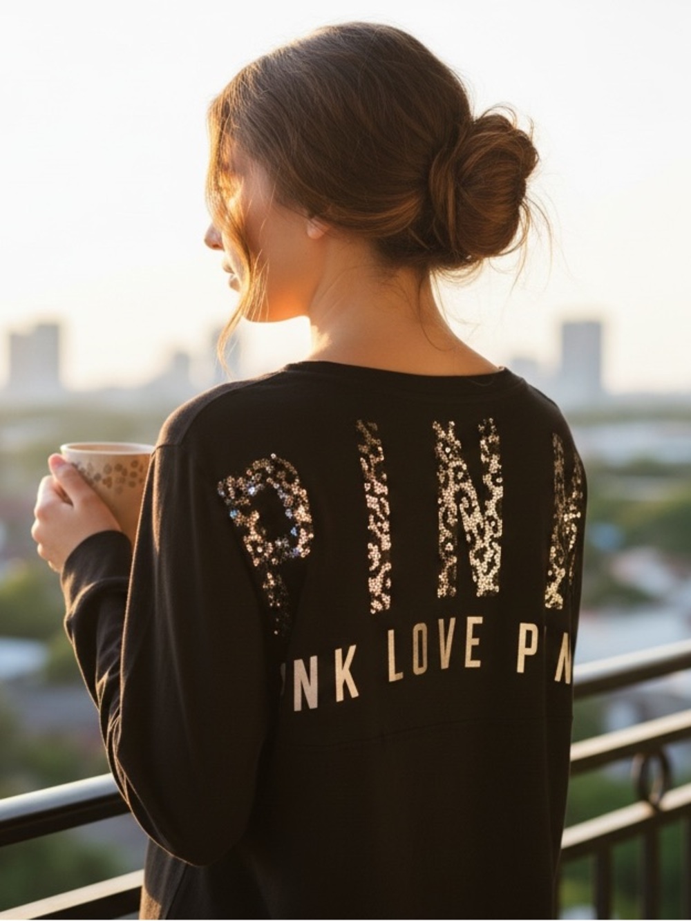 Victoria's Secret PINK Sequin Bling Varsity Long-Sleeve Tunic Tee Black/White L